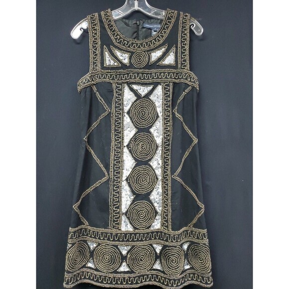 French Connection Black Beaded Sequin Geometric Mini Sheath Dress Size 8 - Picture 1 of 6